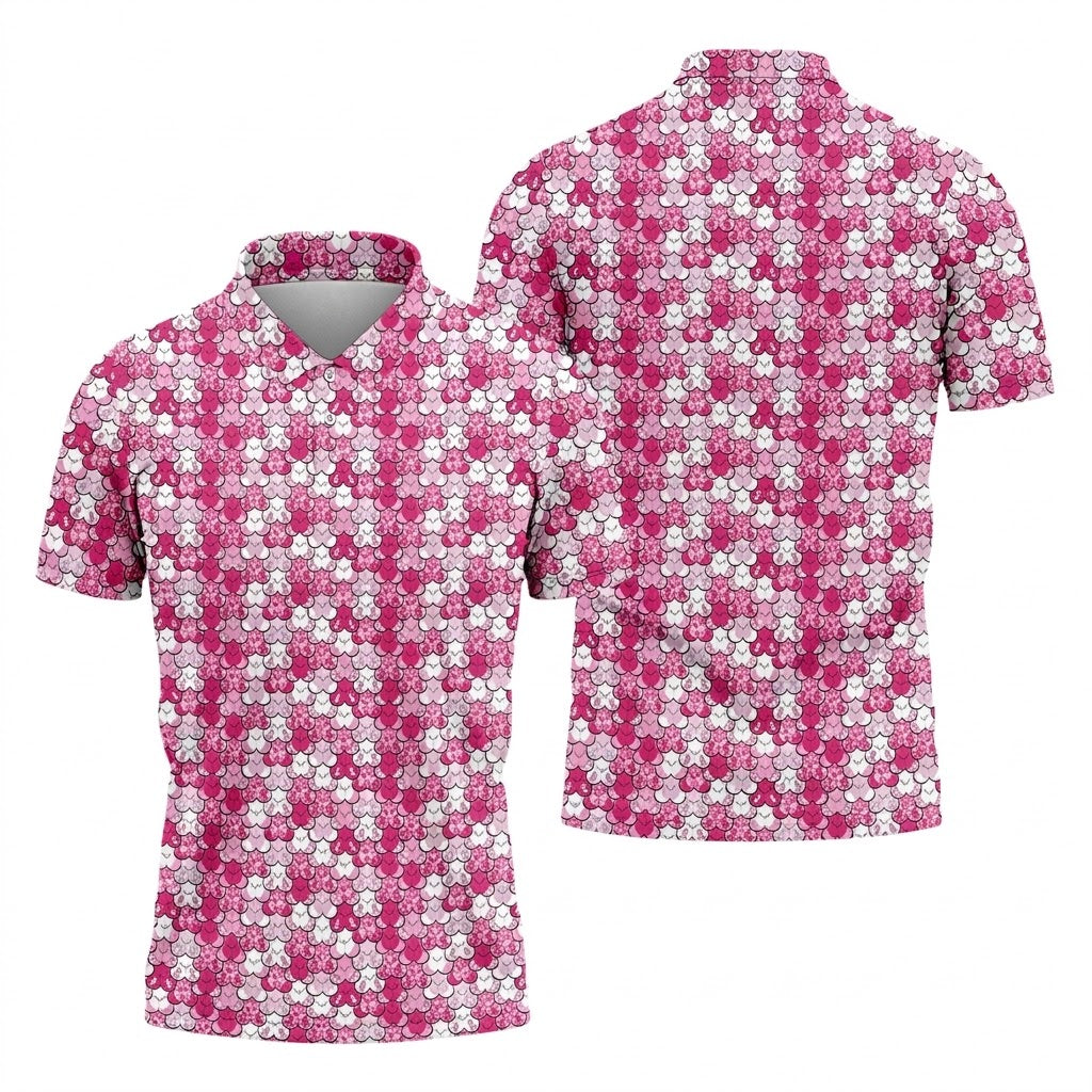Funny Pink Ribbon Men's Polo Shirt, Breast Cancer Awareness Shirt, Pink Golf Shirt, Men Golf Gift