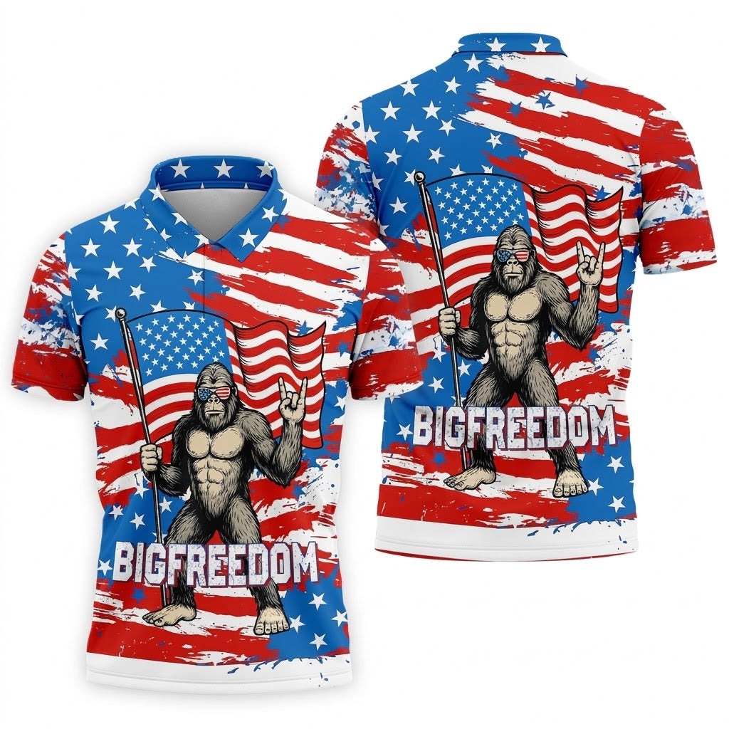 Bigfreedom Red White Blue Patriotic Bigfoot 4th Of July Golf Shirt, 250 Years Golf Shirts For Men