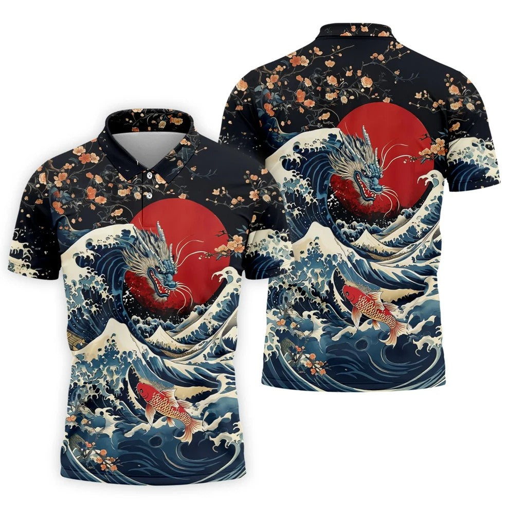 Japanese Dragon Koi Wave Hawaiian Golf Shirt, Mens Golf Apparel, Golf Polo Shirts For Men
