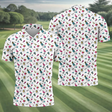 White Retro Summer Flamingo Pattern Golf Polo Shirt, Men's Golf Shirt, Golf Polo Shirts For Men
