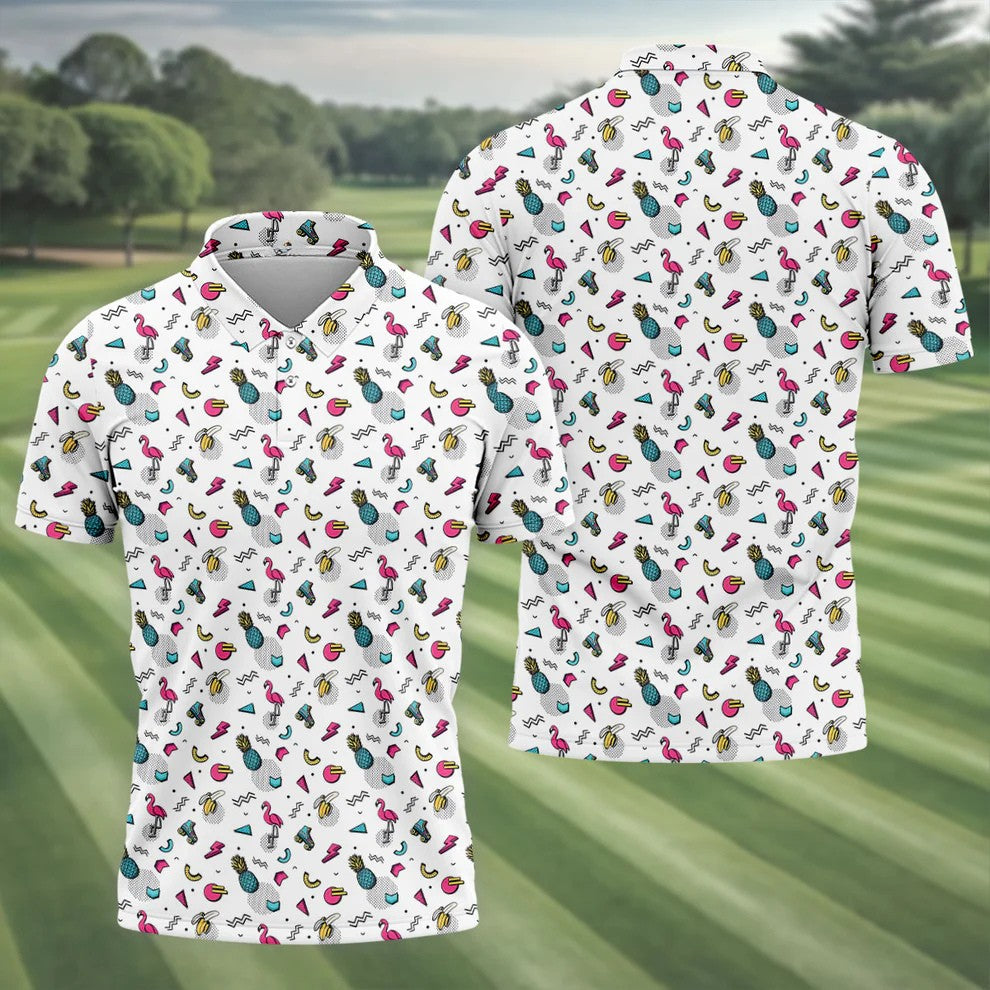 White Retro Summer Flamingo Pattern Golf Polo Shirt, Men's Golf Shirt, Golf Polo Shirts For Men