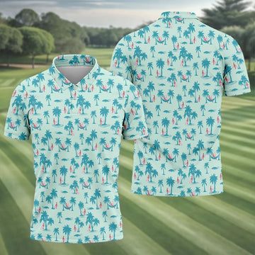 Funny Tropical Couple Beach Pattern Men's Golf Shirt, Hawaiian Golf Shirt, Golf Apparel For Men