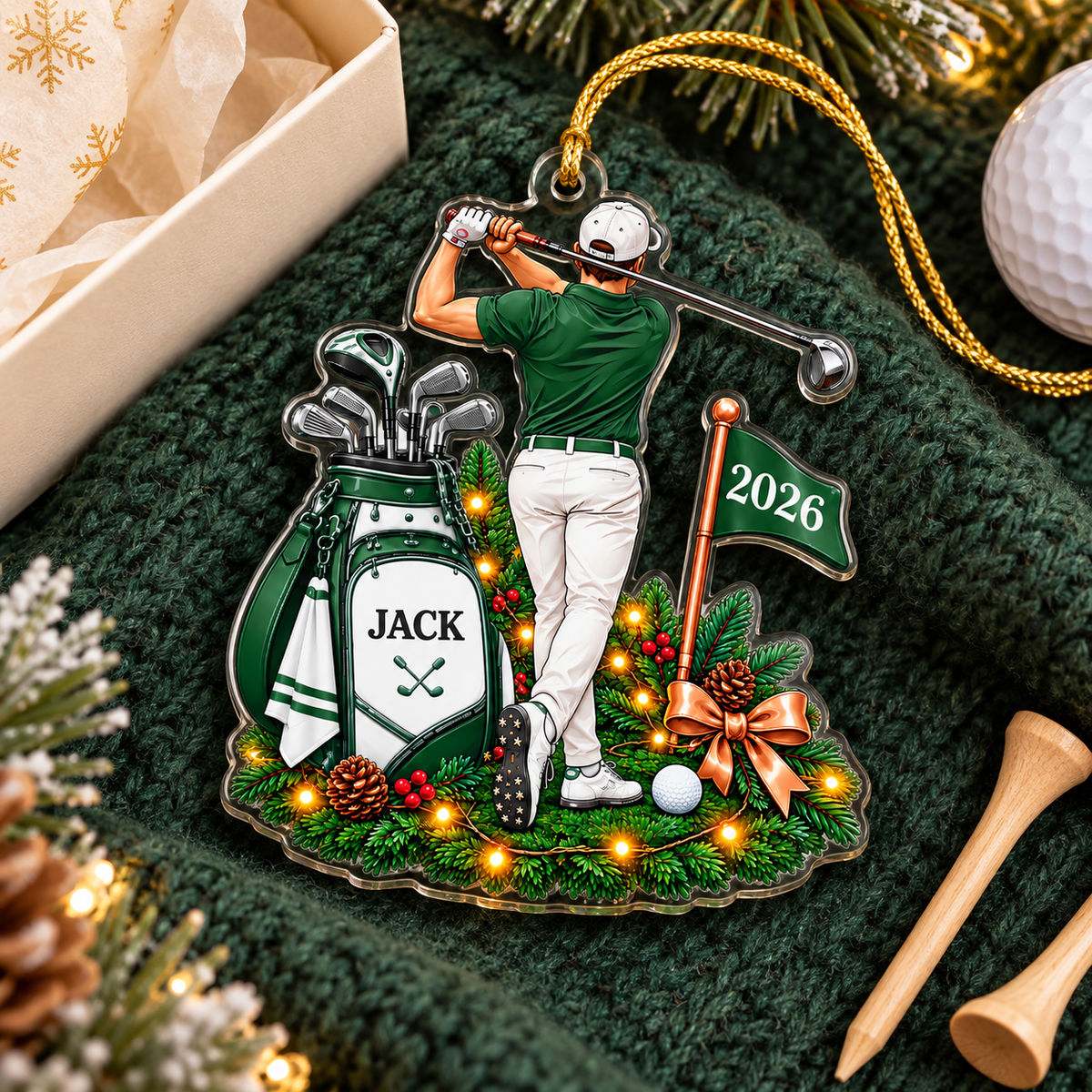 Custom Name Green Male Golfer Acrylic Ornament, Christmas Ornaments, Golf Gifts