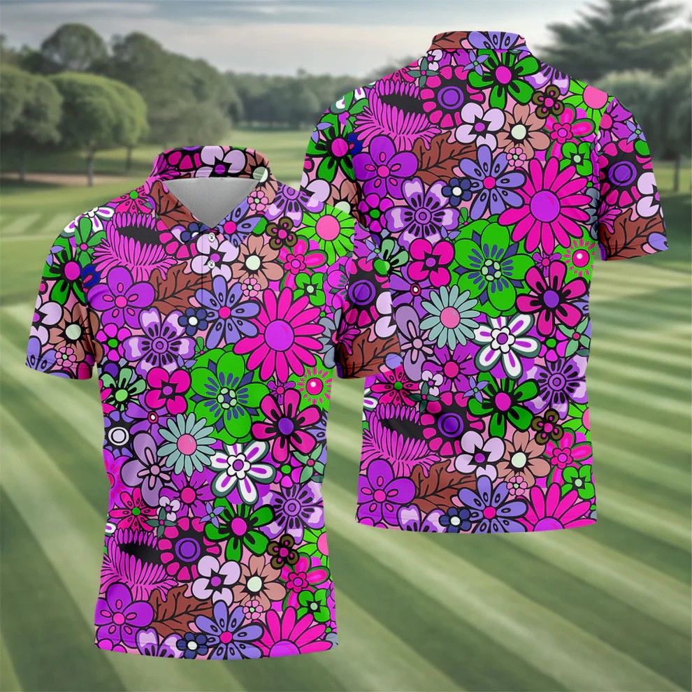 Pink Purple Retro Flower Power Golf Shirt, Mens Polo Shirts, Hawaiian Golf Shirt, Printed Golf Shirts