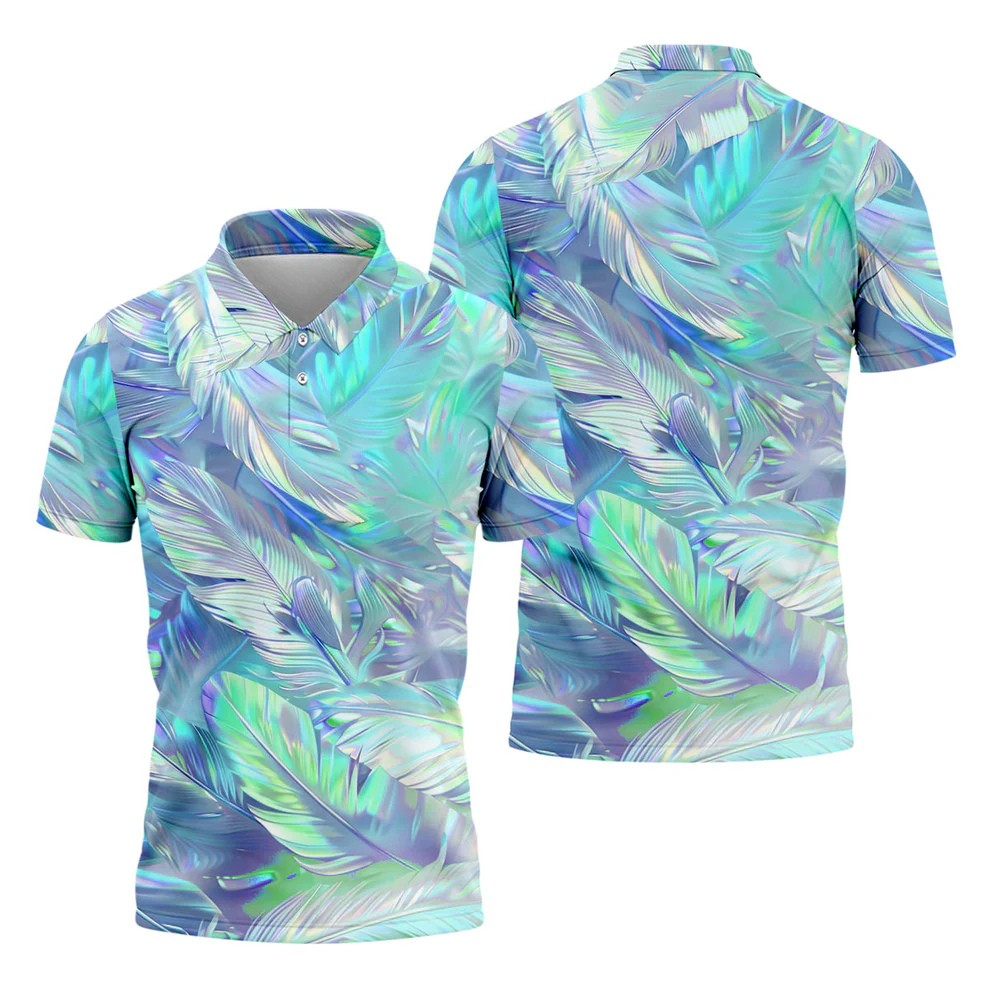 Pastel Gradient Feather Hawaiian Golf Shirt, Golf Tops For Men, Golf Shirts For Men