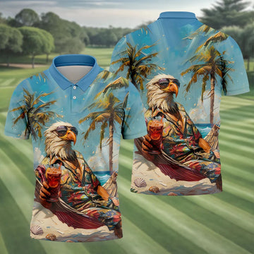 Cool Bald Eagle Tropical Vacation Hawaiian Golf Shirt, Vibrant Color Golf Shirts For Men
