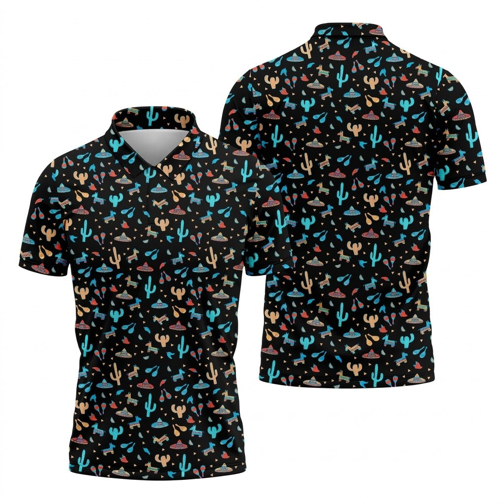 Blue And Beige Cacti Mini Pinatas Cinco De Mayo Celebration Fiesta Themed Golf Shirts For Men