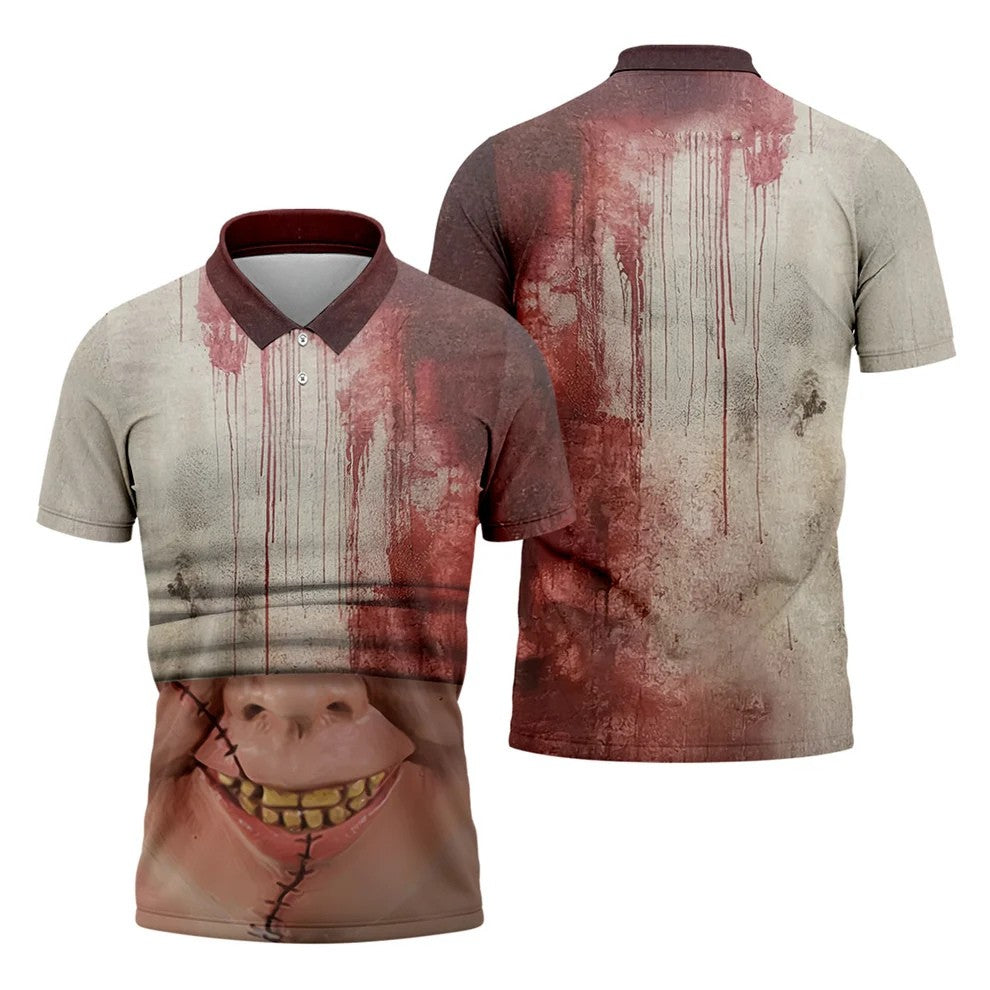 Stitched Face Horror Character Halloween Polo Shirt, Mens Golf Polo, Mens Polo Shirts