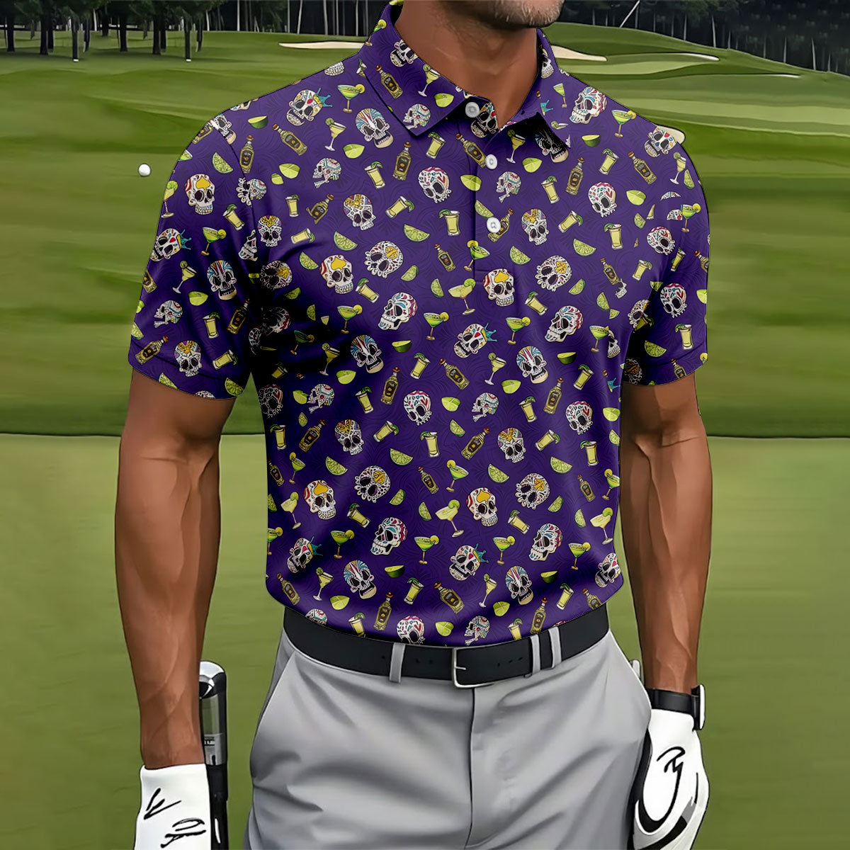 Decorated Sugar Skulls Cinco De Mayo Celebration Fiesta Themed The Purple Haze Golf Shirts For Men