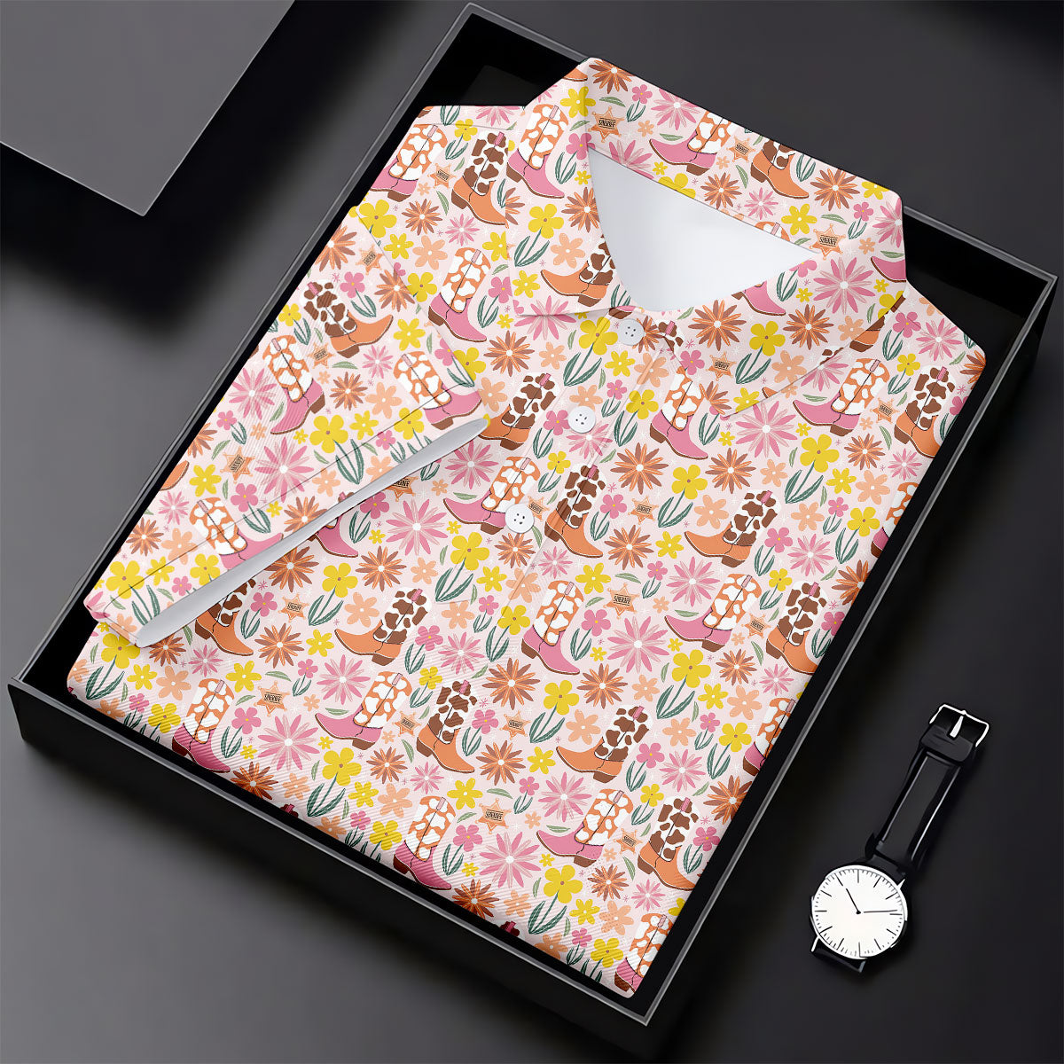 Pink Floral Cowgirl Boots Pattern Golf Polo Shirt, Mens Golf Polo, Golf Shirts For Men