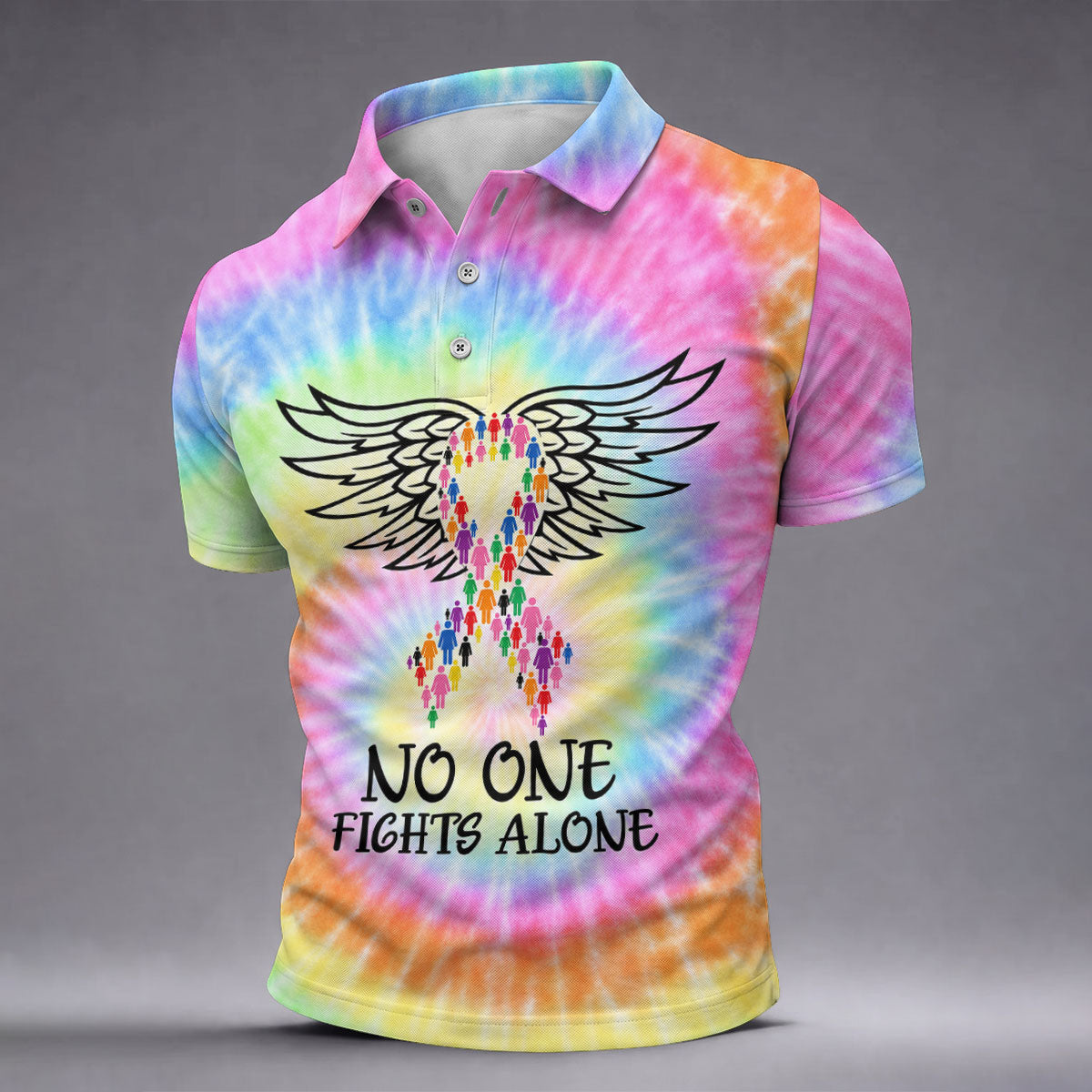 No One Fights Alone Cancer Ribbon Wings Polo Shirt, Golf Shirts For Men, Mens Golf Shirts