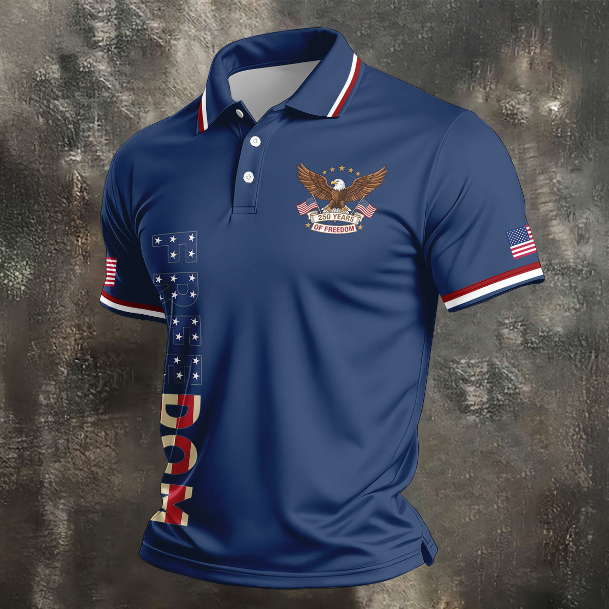 250 Years Of Freedom US Flag Logo Navy Golf Shirt, Patriotic 4th Of July Golf Shirts For Men