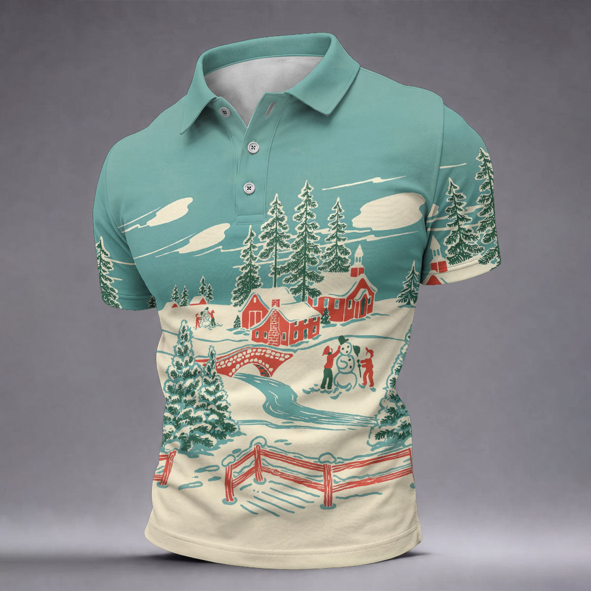 Christmas Winter Village Snowman Golf Polo Shirt, Mens Golf Polo, Golf Apparel For Men