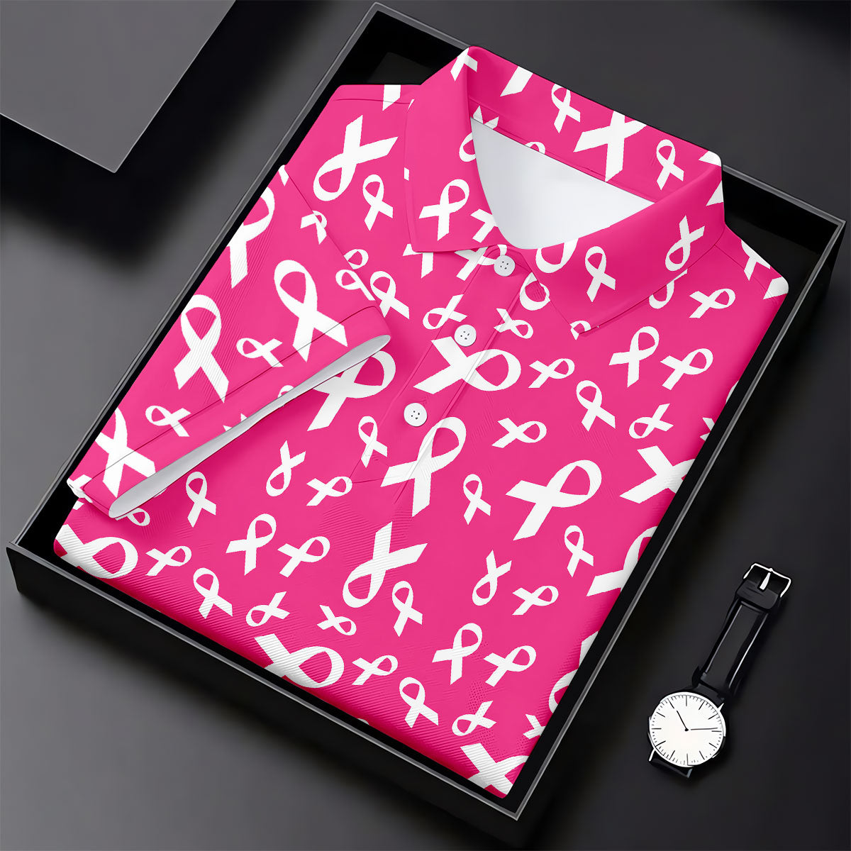 Hot Pink Breast Cancer Awareness Ribbon Polo Shirt, Ladies Golf Tops, Women’s Golf Polo