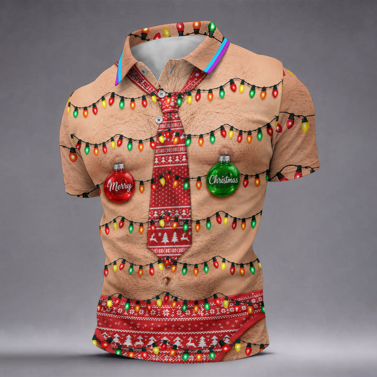 Funny Merry Christmas Lights Tie Polo Shirt, Printed Golf Shirts, Golf Shirts For Men
