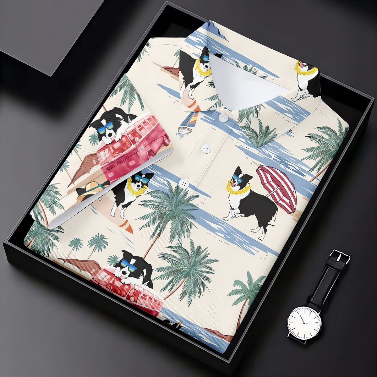 Tropical Border Collie Beach Hawaiian Golf Polo Shirt, Ladies Golf Shirt, Womens Golf Tops