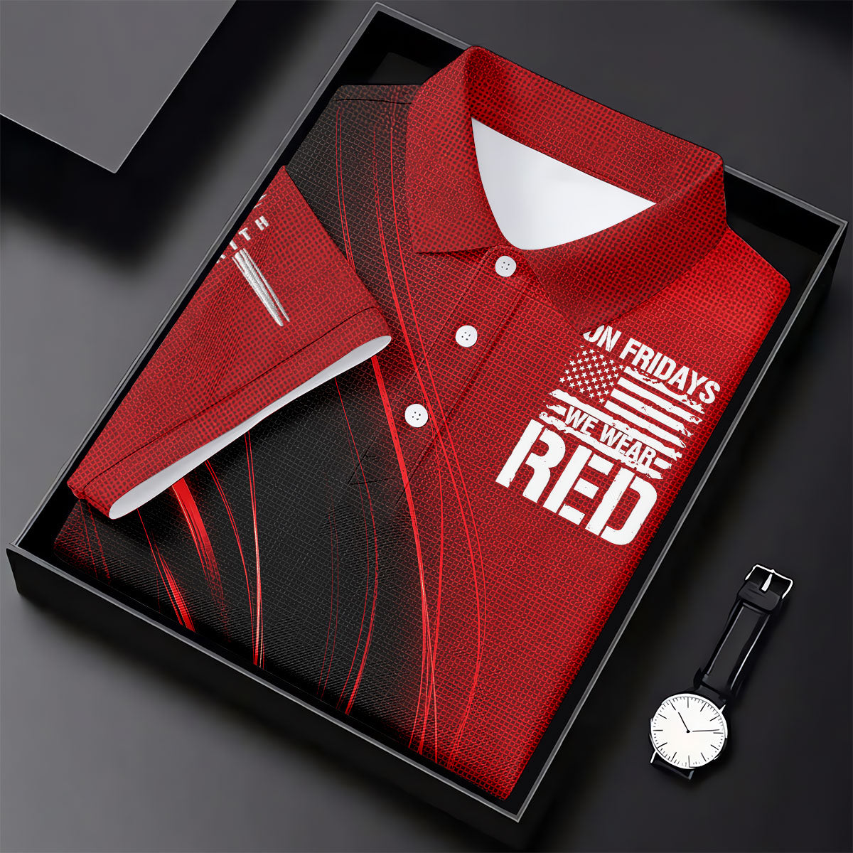 On Friday We Wear Red Faith Cross Red Black Gradient Patriotic Golf Shirt, 250 Years Polo Shirts For Men