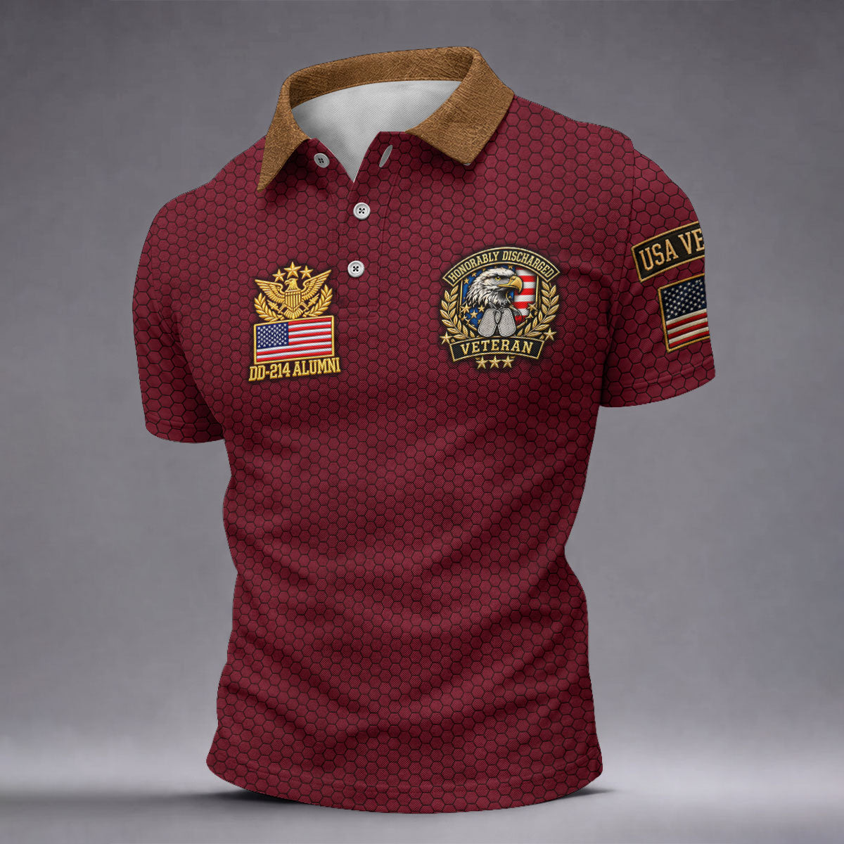 DD-214 Burgundy Honeycomb Veteran Polo Shirt, Veterans Day Shirt, Golf Shirts For Men