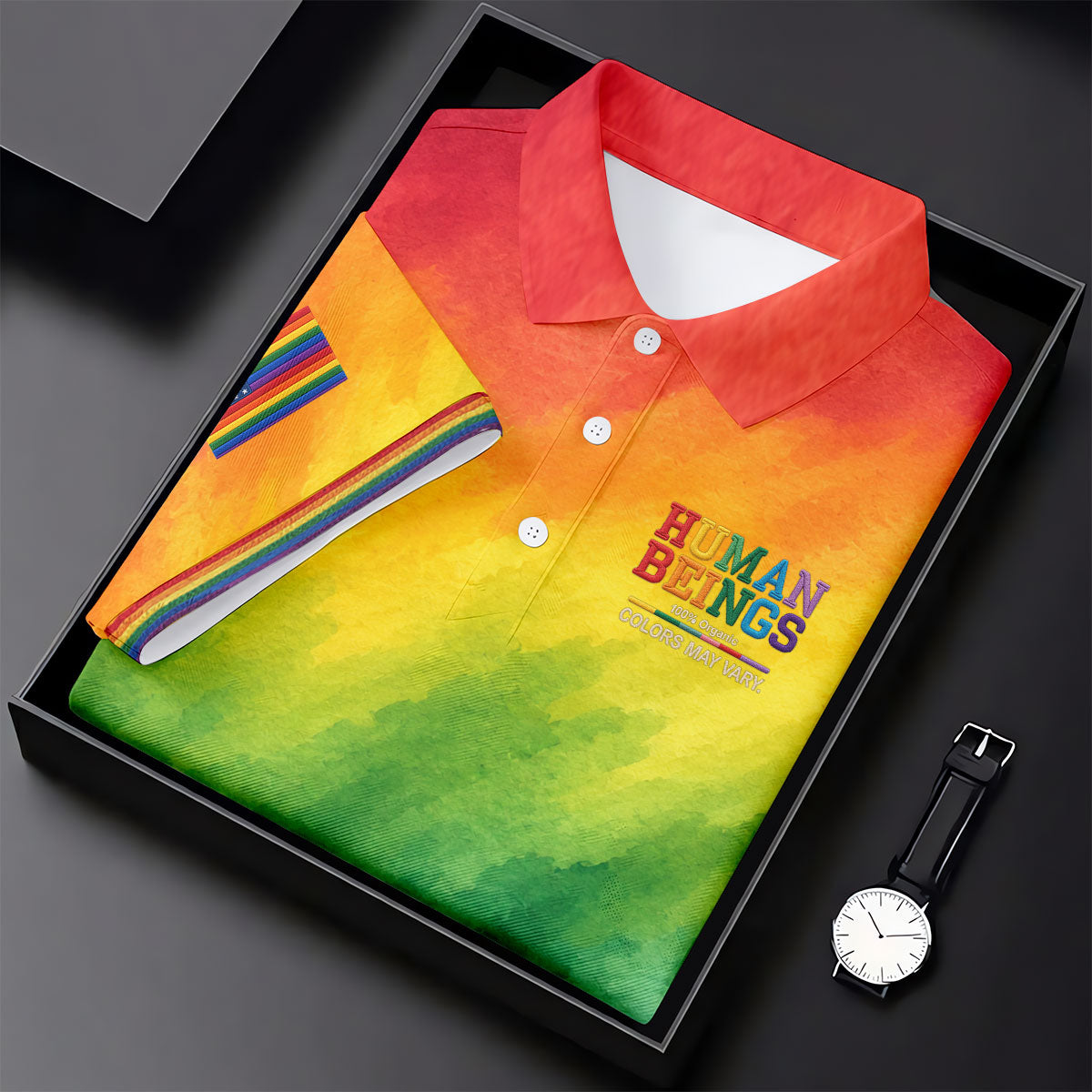 Human Beings LGBT Rainbow Golf Tops For Men, LGBT Pride Month Gradient Watercolor Polo Shirts For Men