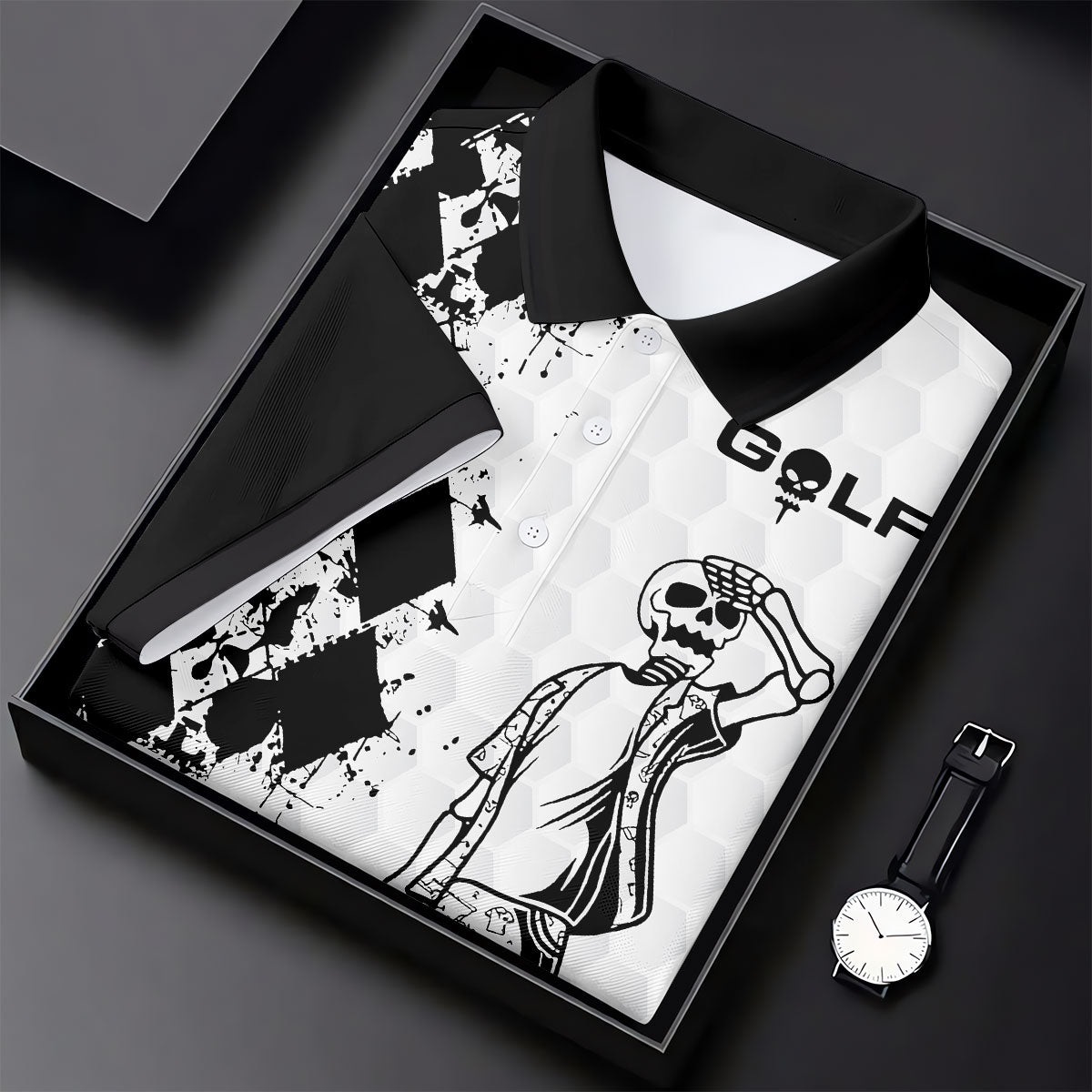 Golf Skeleton Splatter Effect Argyle Pattern Golf Tops For Men, Father's Day Golf Gift