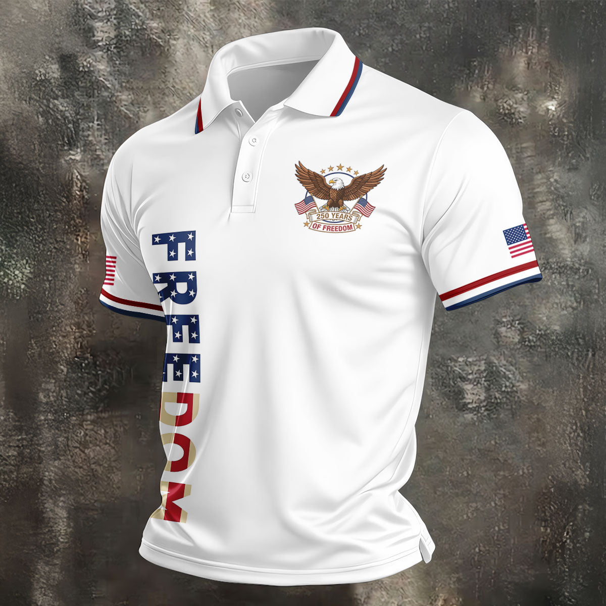 250 Years Of Freedom US Flag Logo White Golf Shirt, Patriotic 4th Of July Golf Shirts For Men