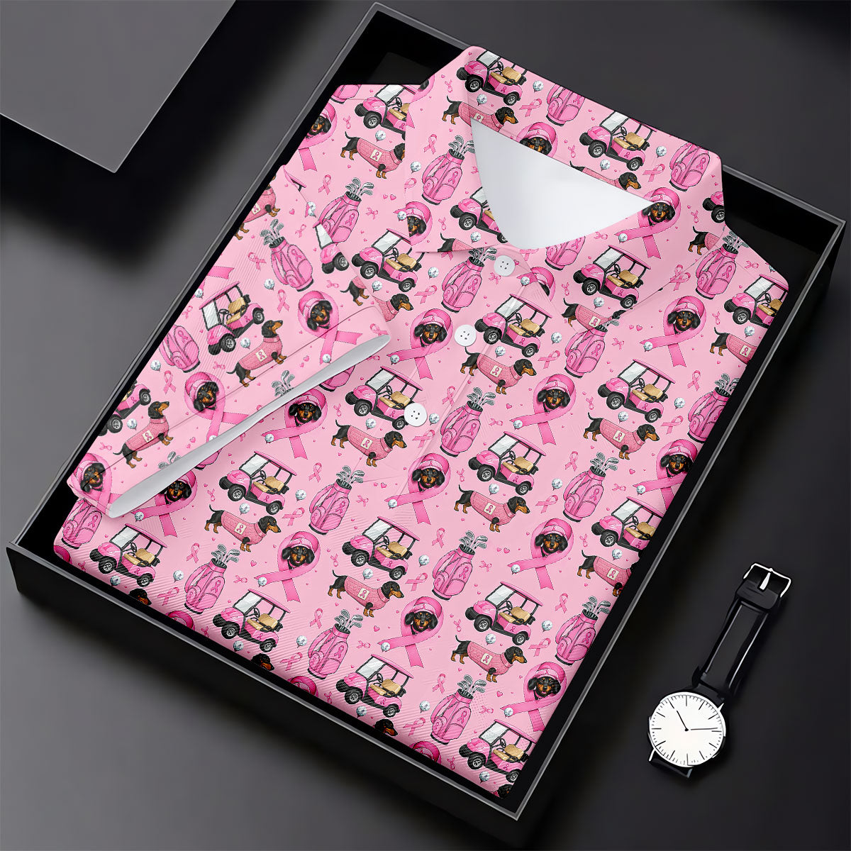 Cute Dog Golf Cart Breast Cancer Ribbon Polo Shirt, Ladies Golf Tops, Women’s Golf Polo
