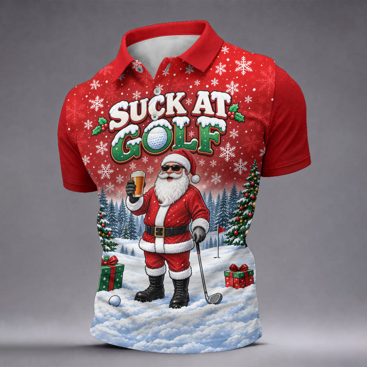 Suck At Golf Santa Beer Christmas Golf Shirt, Ladies Golf Shirts, Golf Tops For Women