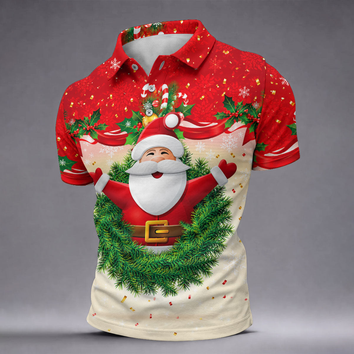 Festive Christmas Santa Wreath Golf Polo Shirt, Mens Golf Polo, Golf Shirts For Men