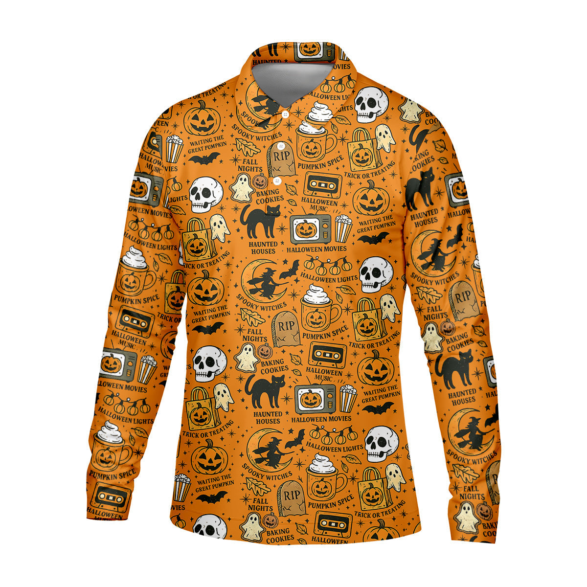 Orange Halloween Cat Golf Polo Shirt Halloween Theme Shirts, Mens Golf Polo Shirt Golfing Apparel