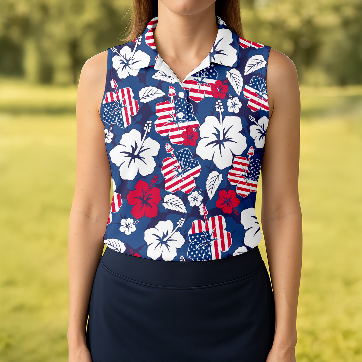 Tropical Hibiscus American Flag Womens Golf Polo Shirt, 4th Of July Shirts, US 250 Anniversary Ladies Golf Shirt