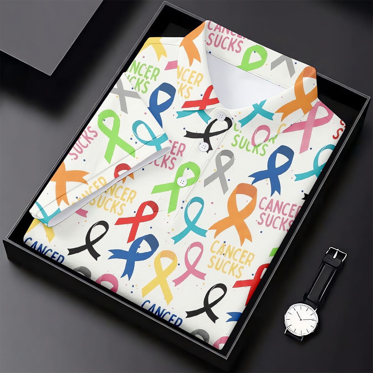 Cancer Sucks Multicolor Awareness Ribbon Polo Shirt, Ladies Golf Tops, Women’s Golf Polo