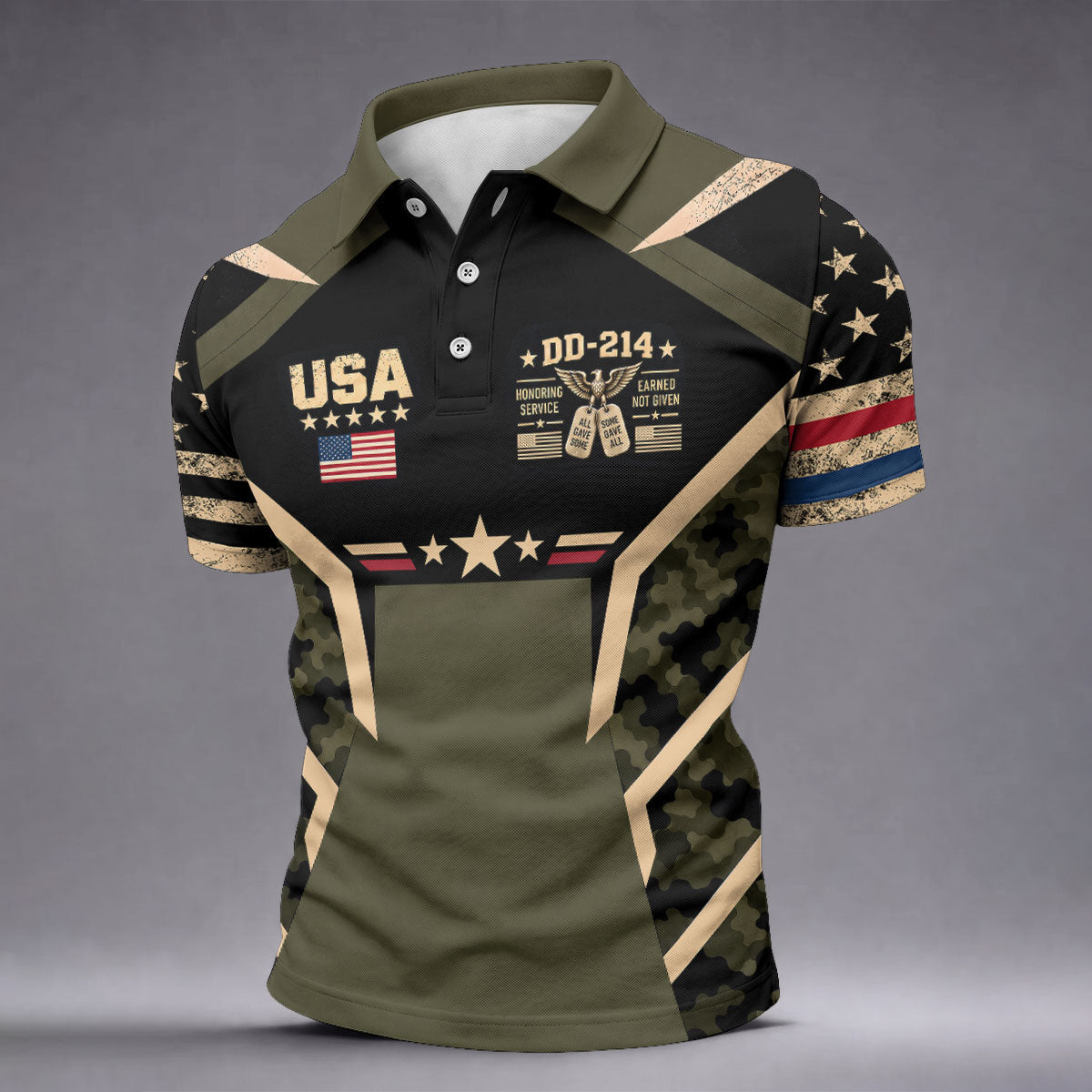 DD-214 USA Stars Camo Golf Polo Shirt, Veterans Day Shirt, Mens Golf Polo Shirts