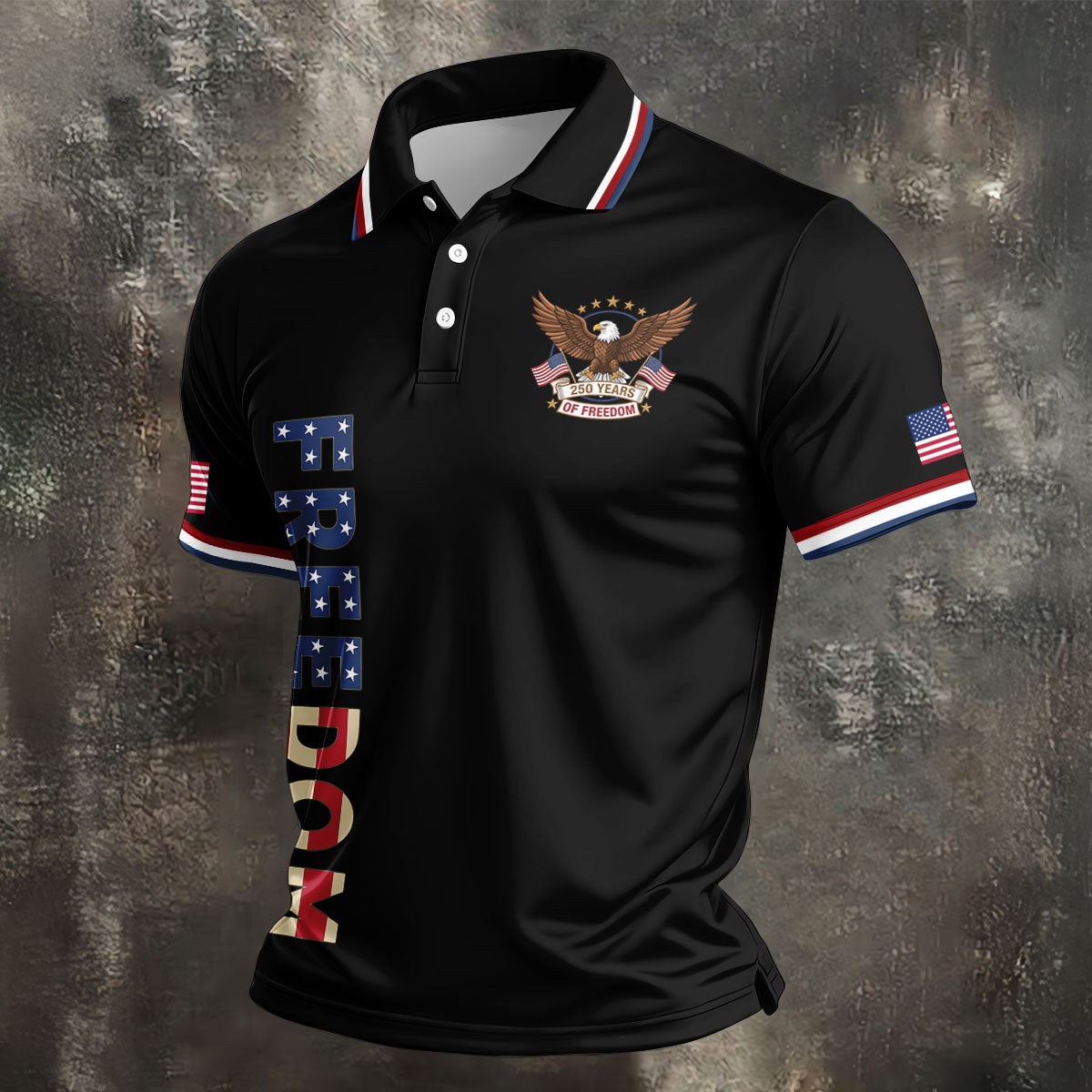 250 Years Of Freedom US Flag Logo Black Golf Shirt, Patriotic 4th Of July Golf Shirts For Men