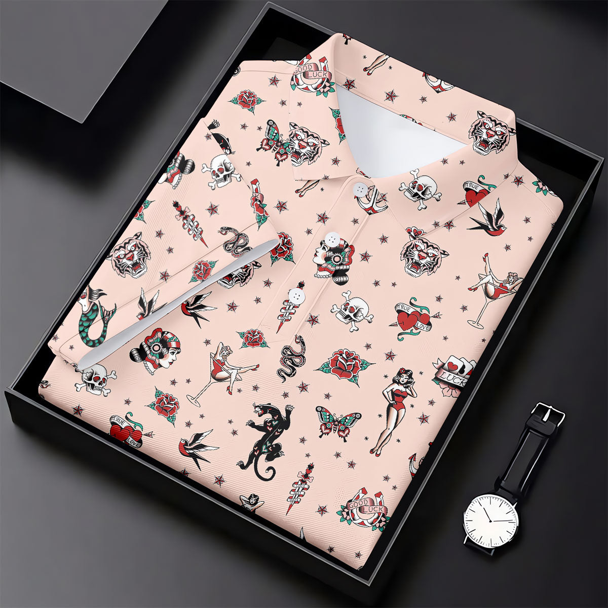 Vintage Tattoo Flash Icon Golf Polo Shirt, Golf Polo Shirts For Men, Mens Golf Apparel
