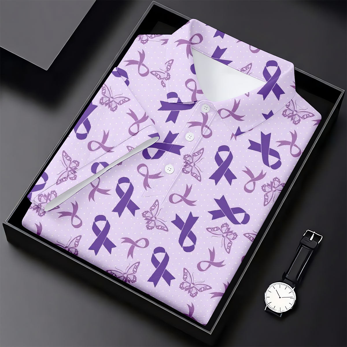 Breast Cancer Purple Ribbon Butterfly Polo Shirt, Mens Golf Polo, Breast Cancer Shirt
