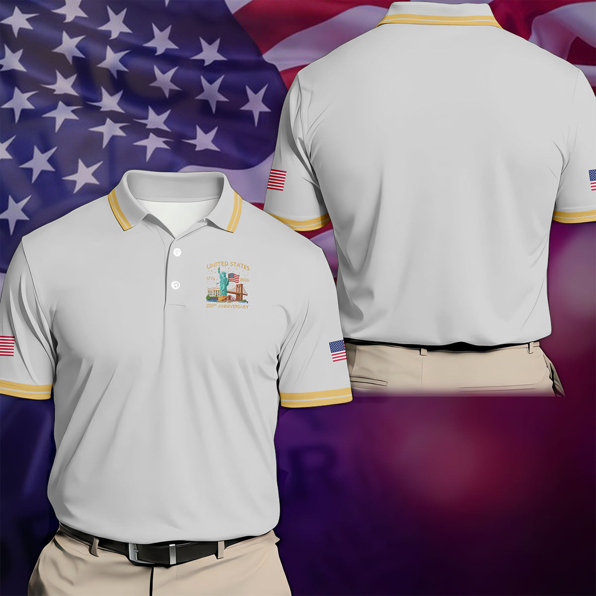 American Symbols Grey Patriotic Golf Shirt, US 250 Years 4th Of July Golf Shirts For Men