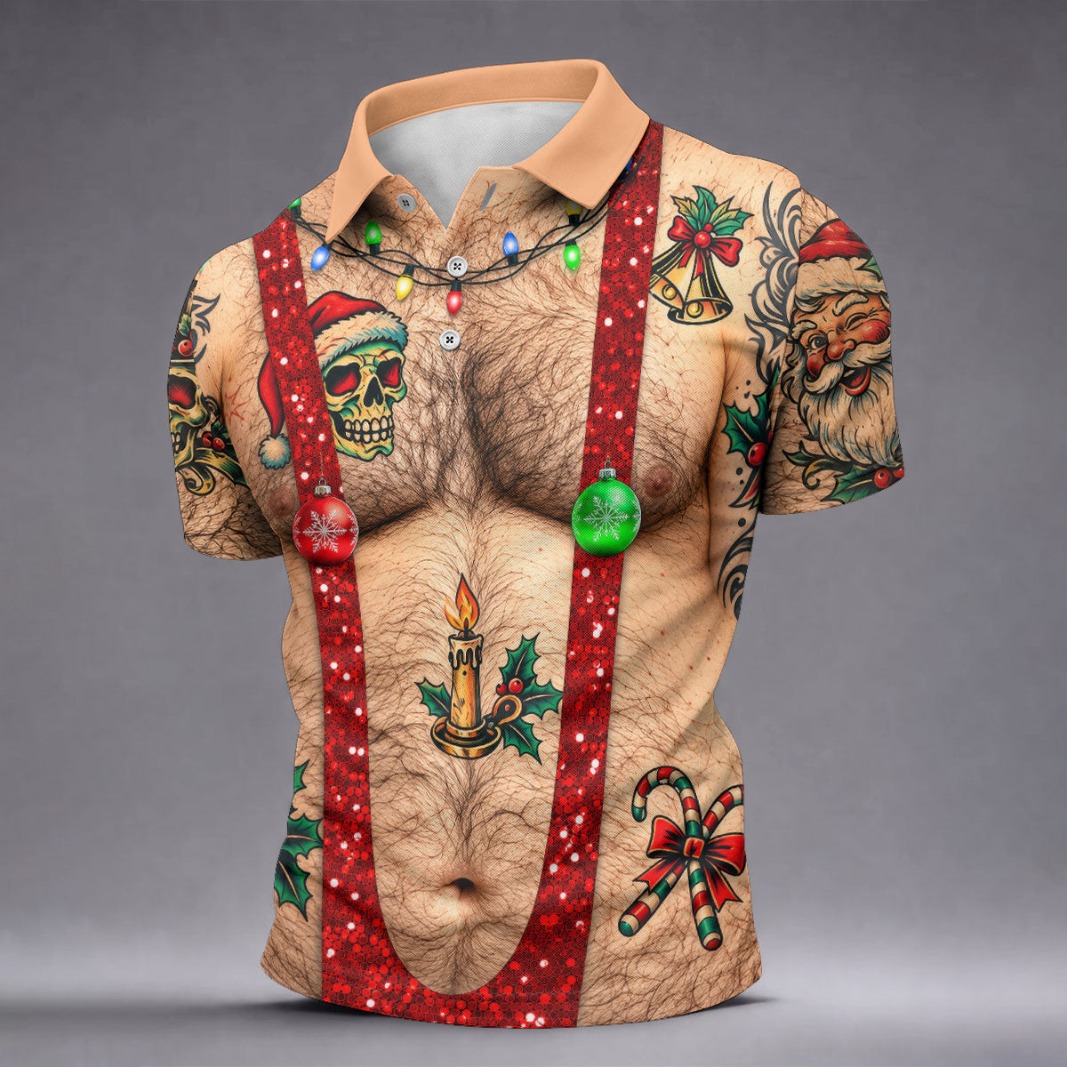 Santa Skull Hairy Chest Christmas Golf Shirt, Mens Golf Polo, Golf Shirts For Men