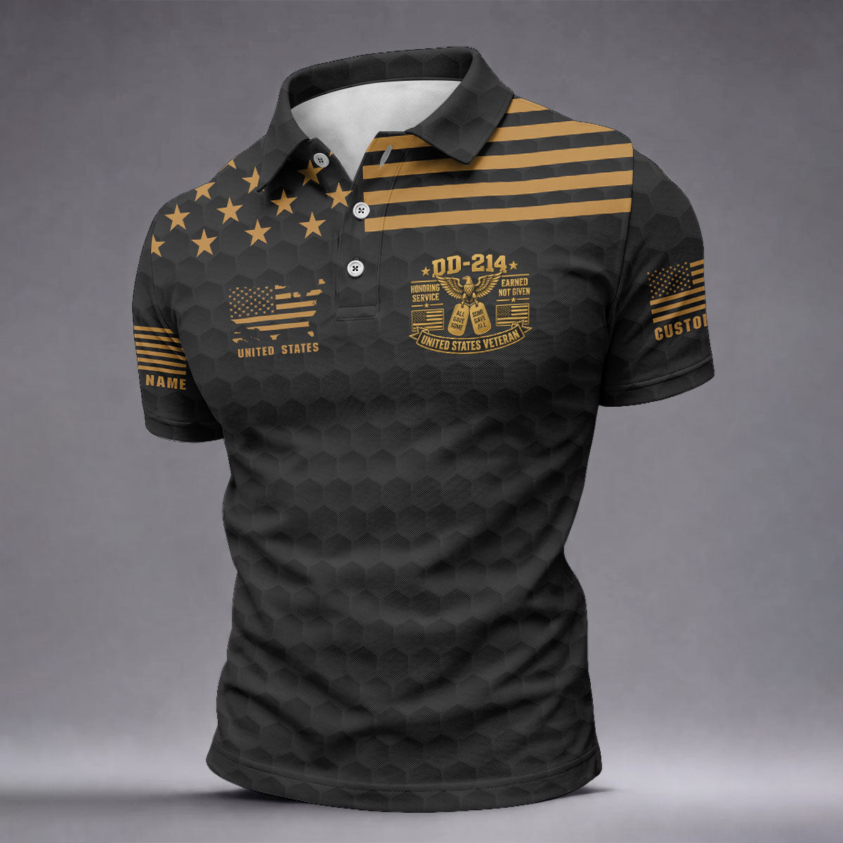 Custom Name Black Gold DD-214 Golf Polo Shirt, Veterans Day Shirt, Mens Golf Shirts