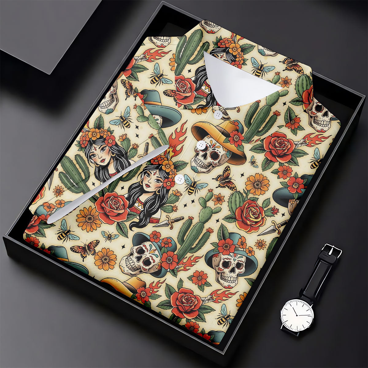Day Of The Dead Sugar Skull Floral Polo Shirt, Mens Golf Polo, Hawaiian Golf Shirt