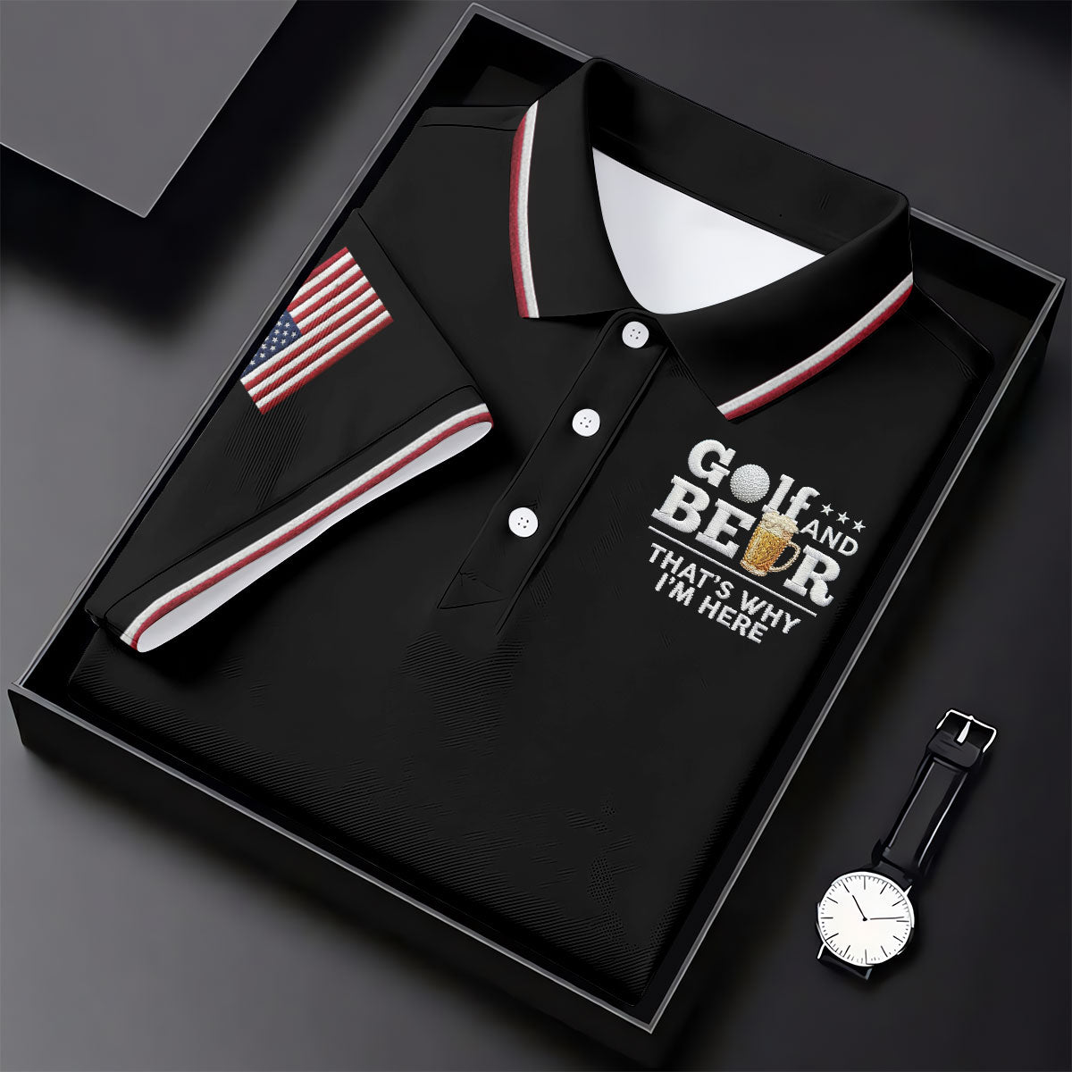 Golf And Beer That's Why I'm Here 250 Years US Flag Golf Shirt, Patriotic 4th Of July Golf Shirts For Men