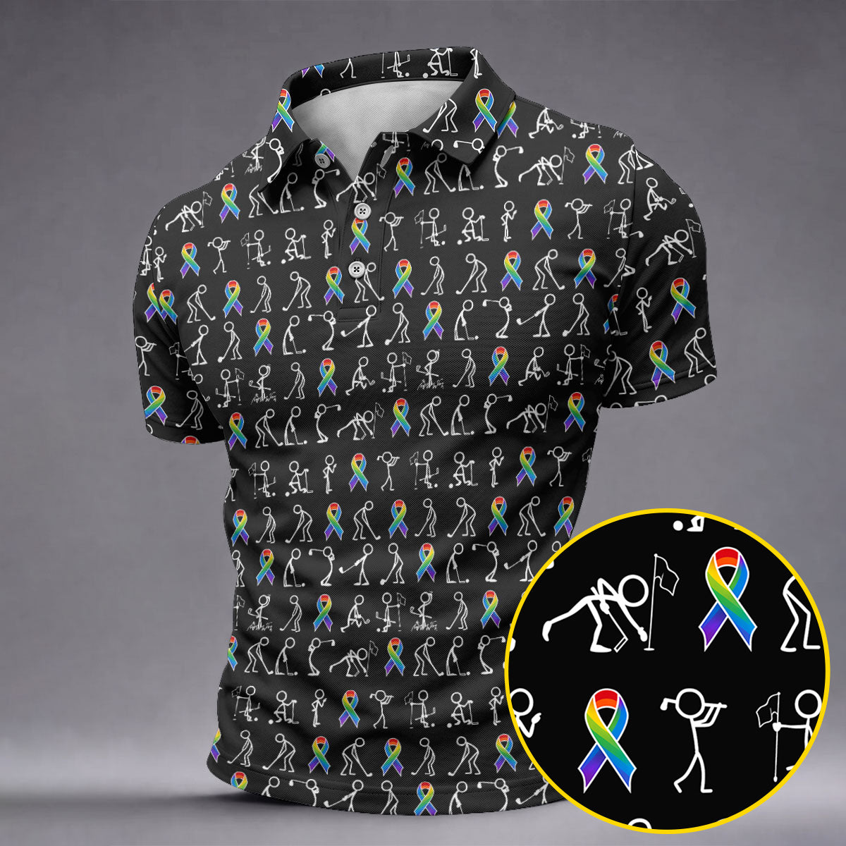 Rainbow Cancer Ribbon Stick Figure Golf Pattern Shirt, Printed Golf Shirts, Polo Shirts For Men