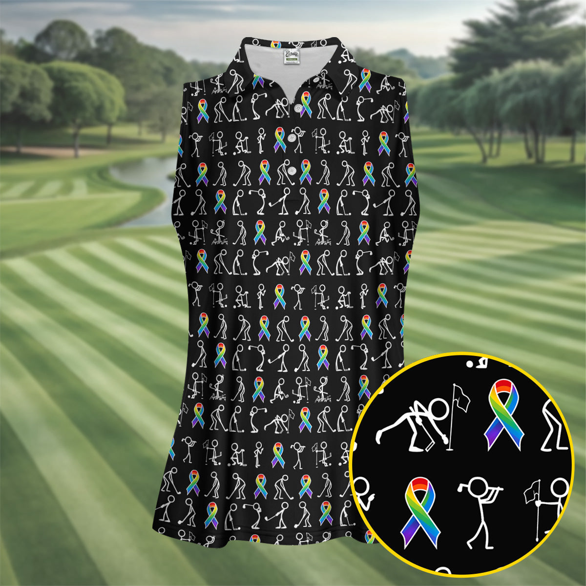 Rainbow Cancer Ribbon Stick Figure Golf Pattern Shirt, Women’s Golf Polo, Ladies Golf Tops