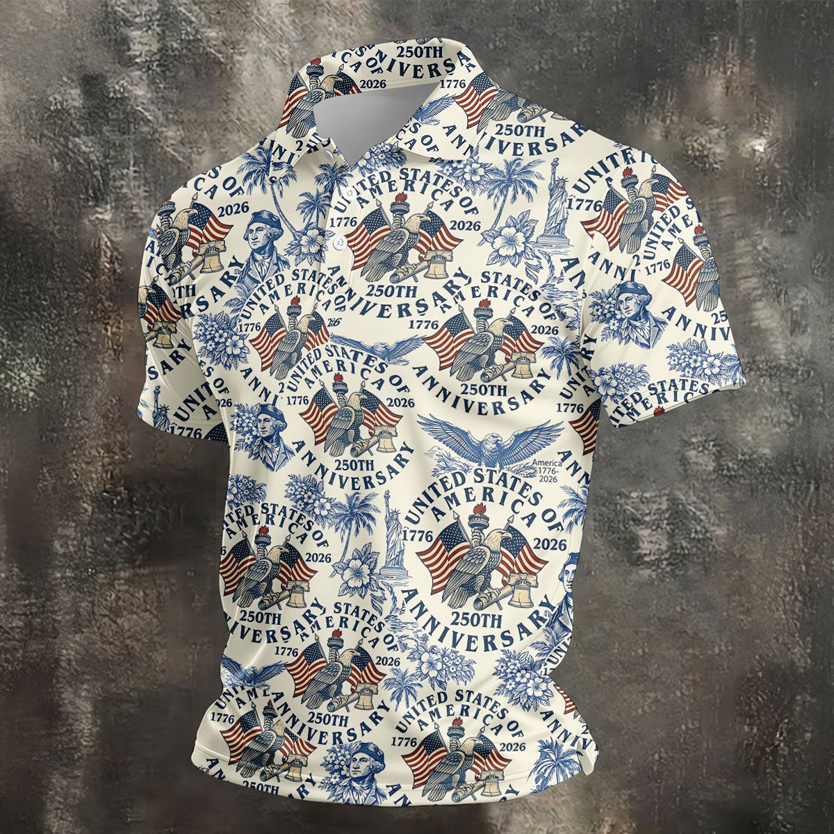 USA 250th Anniversary Toile De Jouy Hawaiian Golf Shirt, Patriotic 4th Of July Golf Shirts For Men