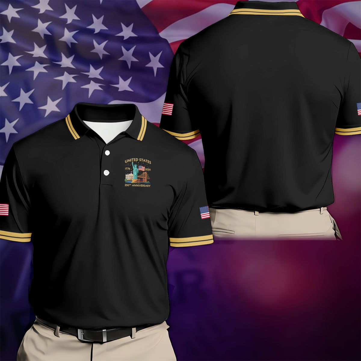 American Symbols Black Patriotic Golf Shirt, US 250 Years 4th Of July Golf Shirts For Men