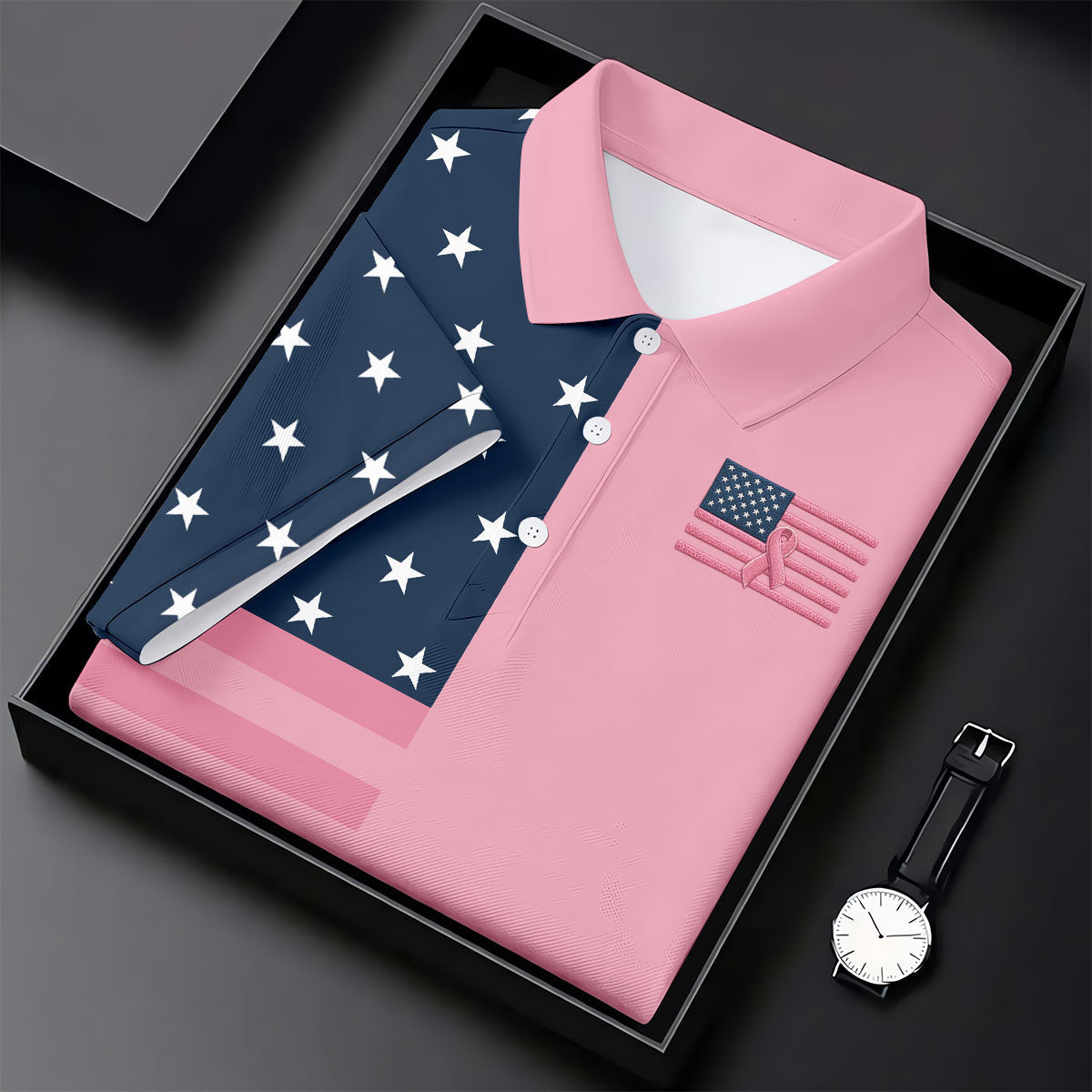 Printed Pink USA Flag Breast Cancer Polo Shirt, Golf Tops For Women, Printed Golf Shirt