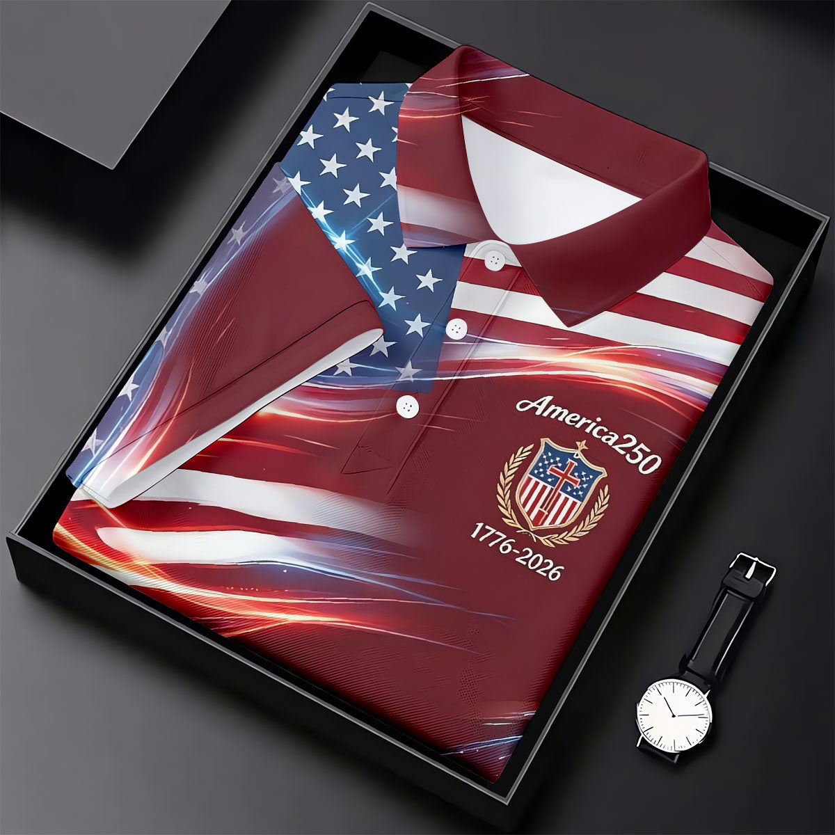 America 250 Light Effect American Flag Golf Shirt, Patriotic 4th Of July Golf Shirts For Men