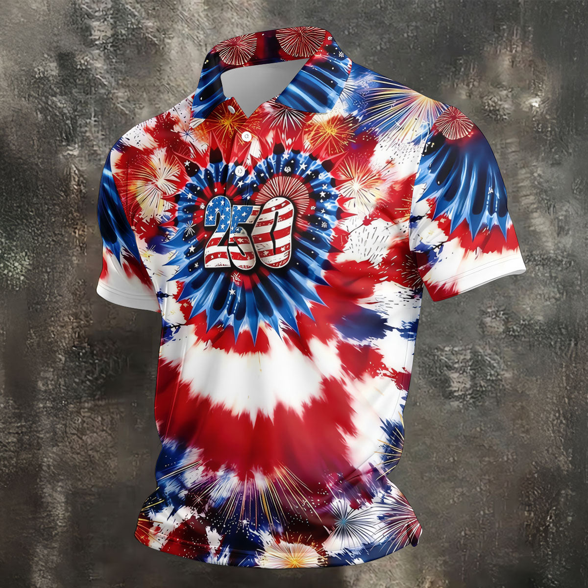 250 Years Red White Blue Tie Dye Print Patriotic Golf Shirt, 4th Of July Golf Shirts For Men
