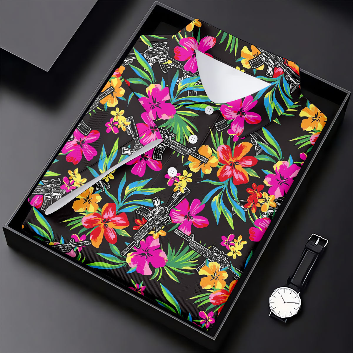 Black Tropical Floral Rifle Pattern Golf Polo Shirt, Golf Shirts For Women, Women's Golf Polo