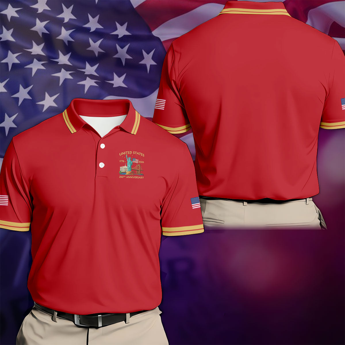 American Symbols Red Patriotic Golf Shirt, US 250 Years 4th Of July Golf Shirts For Men