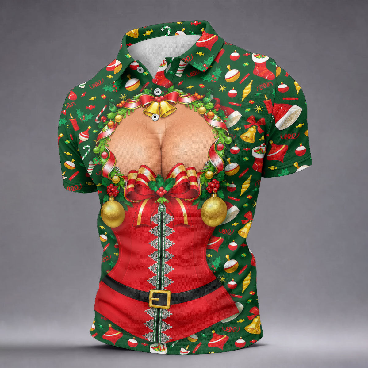 Festive Christmas Corset Bow Golf Polo Shirt, Christmas Golf Shirt, Mens Golf Apparel